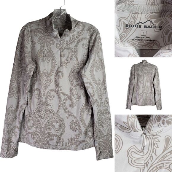 Eddie Bauer Womens Large Beige Geometric Pattern 1/4 Zip Long Sleeve Pullover - Picture 1 of 11